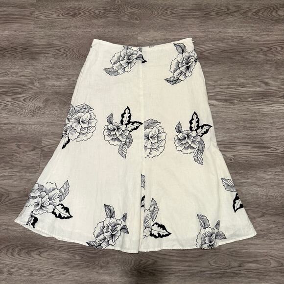 John Paul Richard 100% Linen Floral Skirt Black White Midi 8 Boho Cottage Chic - Picture 2 of 7